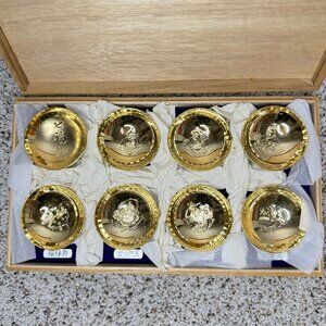 VINTAGE JAPANESE 24k GOLD PLATED COMMEMORATIVE SAKE CUP IN BOX 8pc Seven Lucky